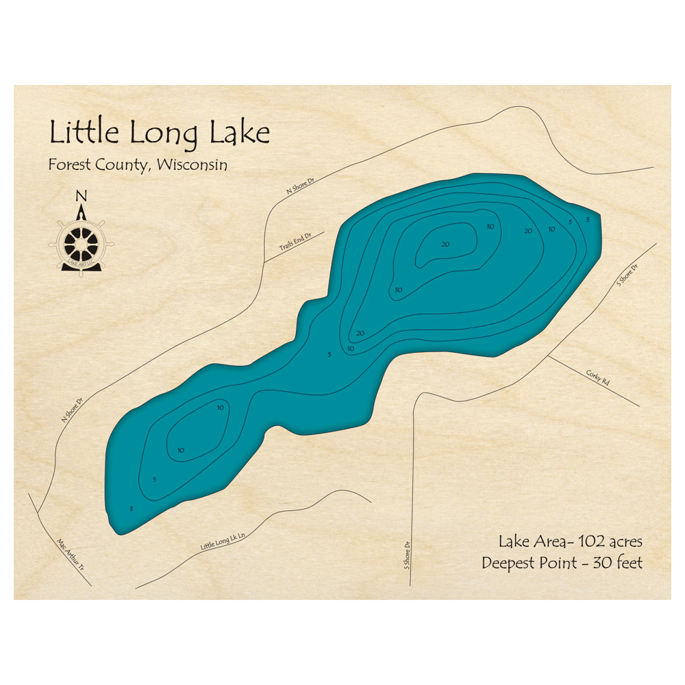 Bathymetric topo map of Little Long Lake, WI with roads, towns and depths noted in blue water.