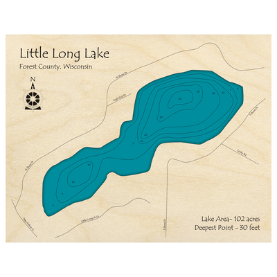 Bathymetric topo map of Little Long Lake, WI with roads, towns and depths noted in blue water.