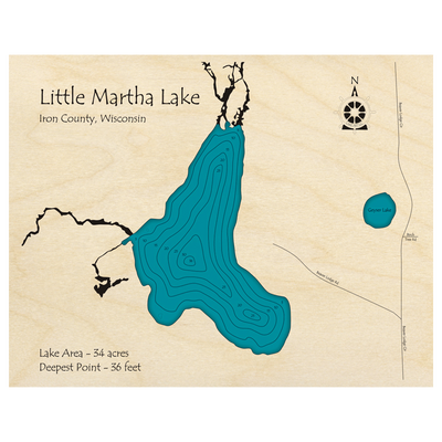 Bathymetric topo map of Little Martha Lake, WI with roads, towns and depths noted in blue water.
