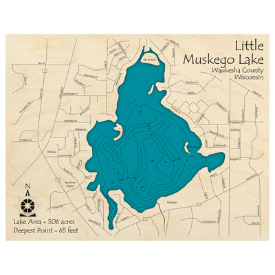 Bathymetric topo map of Little Muskego Lake, WI with roads, towns and depths noted in blue water.