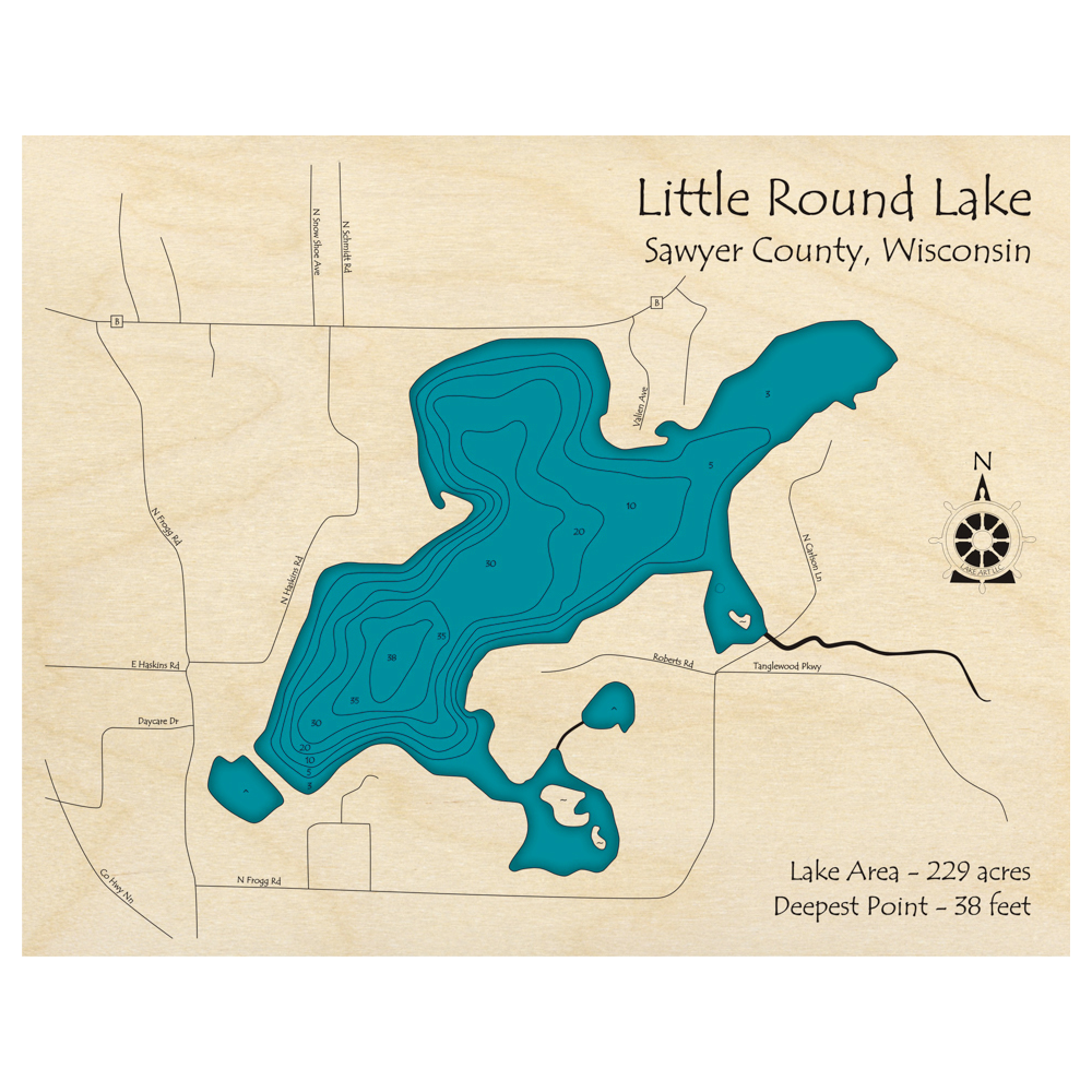 Bathymetric topo map of Little Round Lake, WI with roads, towns and depths noted in blue water.