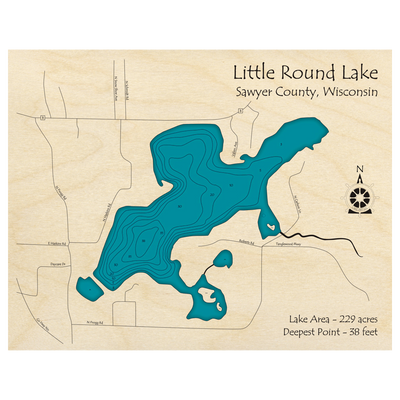Bathymetric topo map of Little Round Lake, WI with roads, towns and depths noted in blue water.
