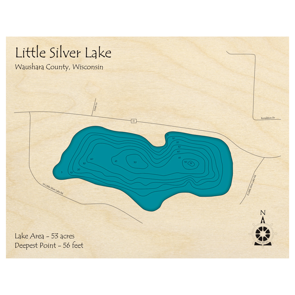 Bathymetric topo map of Little Silver Lake, WI with roads, towns and depths noted in blue water.