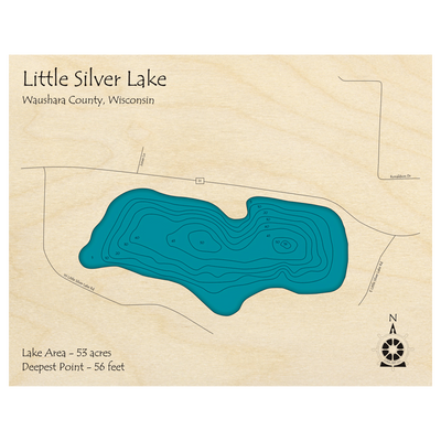 Bathymetric topo map of Little Silver Lake, WI with roads, towns and depths noted in blue water.