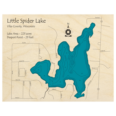 Bathymetric topo map of Little Spider Lake, WI with roads, towns and depths noted in blue water.