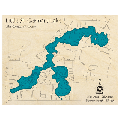 Bathymetric topo map of St Germain Lake, WI with roads, towns and depths noted in blue water.