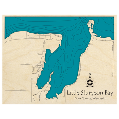 Bathymetric topo map of Little Sturgeon Bay, WI with roads, towns and depths noted in blue water.