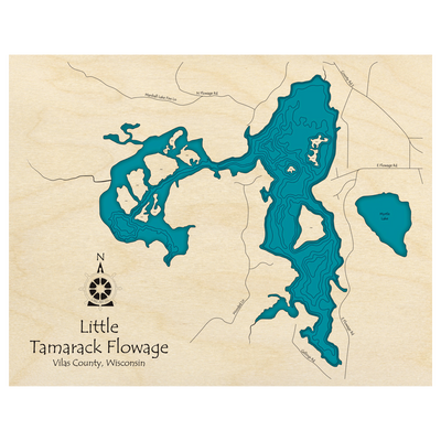 Bathymetric topo map of Little Tamarack Flowage, WI with roads, towns and depths noted in blue water.