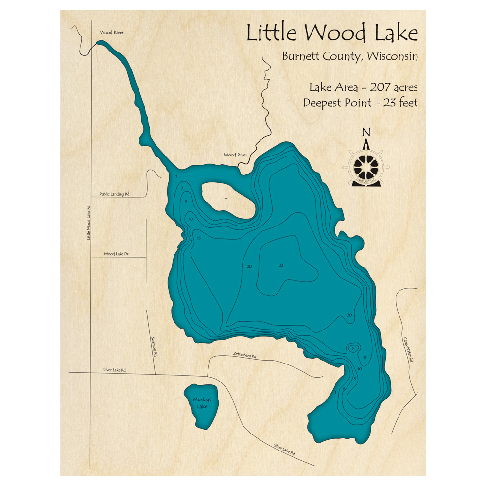 Bathymetric topo map of Little Wood Lake, WI with roads, towns and depths noted in blue water.