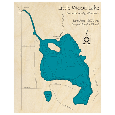 Bathymetric topo map of Little Wood Lake, WI with roads, towns and depths noted in blue water.