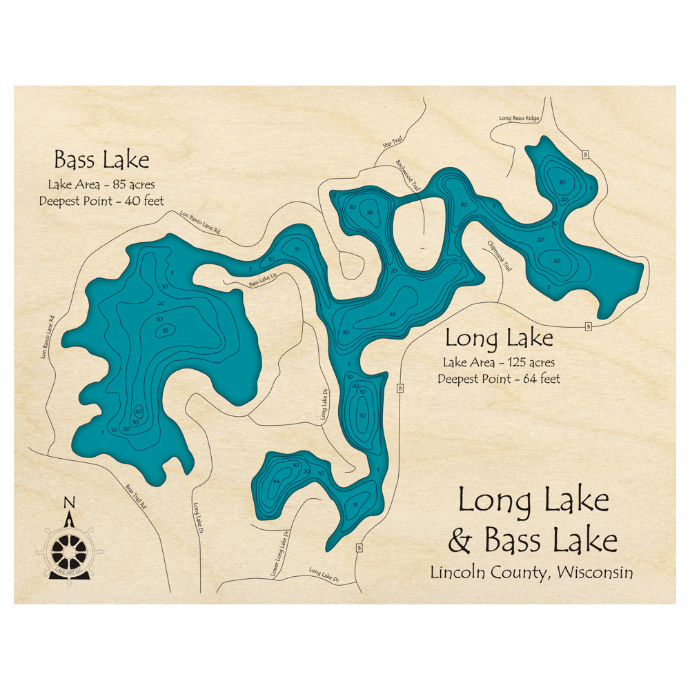 Bathymetric topo map of Long Lake and Bass Lake, WI with roads, towns and depths noted in blue water.