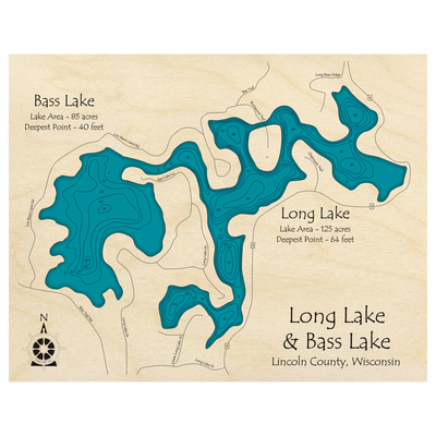 Bathymetric topo map of Long Lake and Bass Lake, WI with roads, towns and depths noted in blue water.
