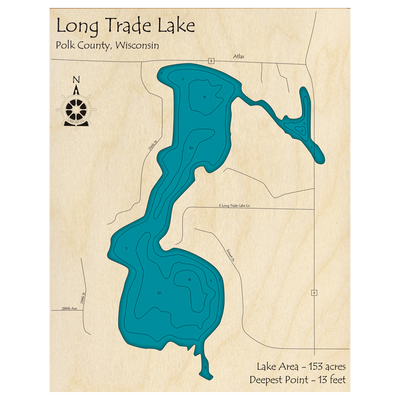 Bathymetric topo map of Long Trade Lake, WI with roads, towns and depths noted in blue water.