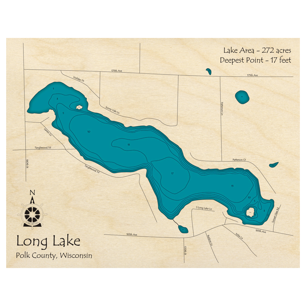 Bathymetric topo map of Long Lake, WI with roads, towns and depths noted in blue water.
