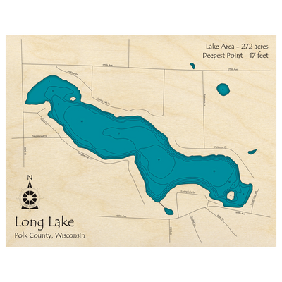 Bathymetric topo map of Long Lake, WI with roads, towns and depths noted in blue water.