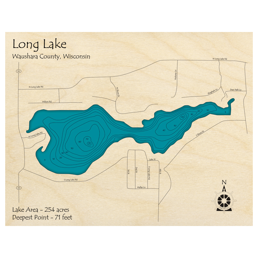 Bathymetric topo map of Long Lake, WI with roads, towns and depths noted in blue water.