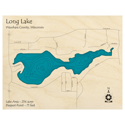 Bathymetric topo map of Long Lake, WI with roads, towns and depths noted in blue water.