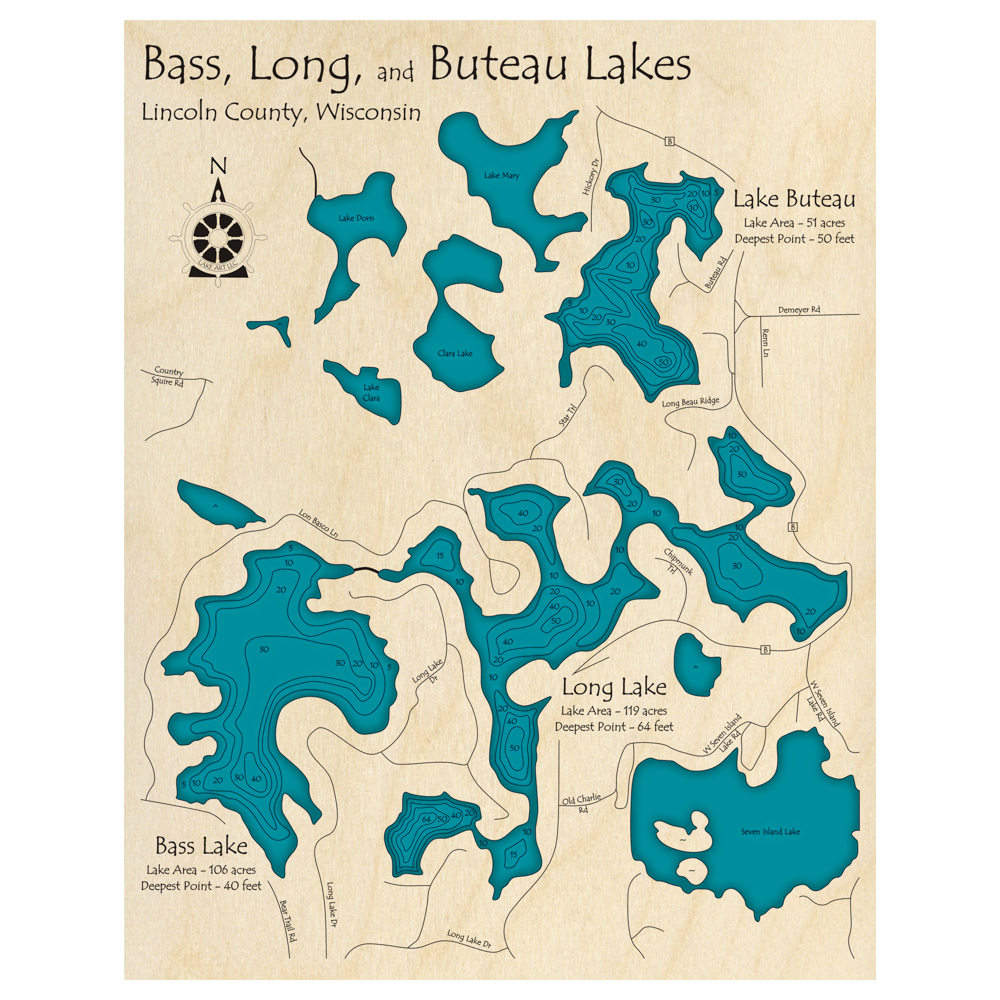 Bathymetric topo map of Long Lake and Bass Lake with Lake Buteau, WI with roads, towns and depths noted in blue water.