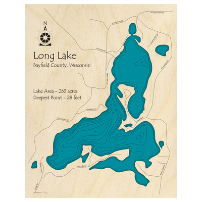 Bathymetric topo map of Long Lake, WI with roads, towns and depths noted in blue water.