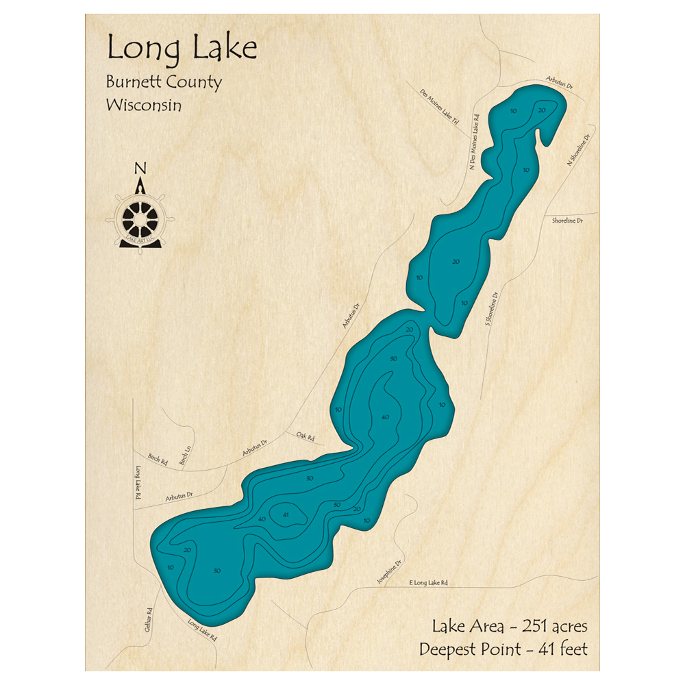 Bathymetric topo map of Long Lake, WI with roads, towns and depths noted in blue water.