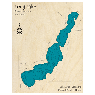 Bathymetric topo map of Long Lake, WI with roads, towns and depths noted in blue water.