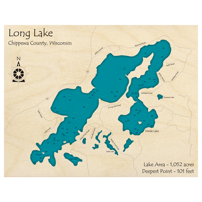 Bathymetric topo map of Long Lake, WI with roads, towns and depths noted in blue water.