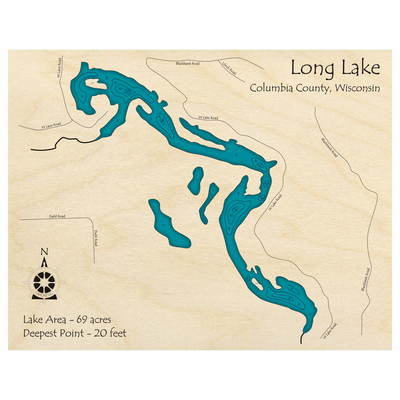 Bathymetric topo map of Long Lake, WI with roads, towns and depths noted in blue water.