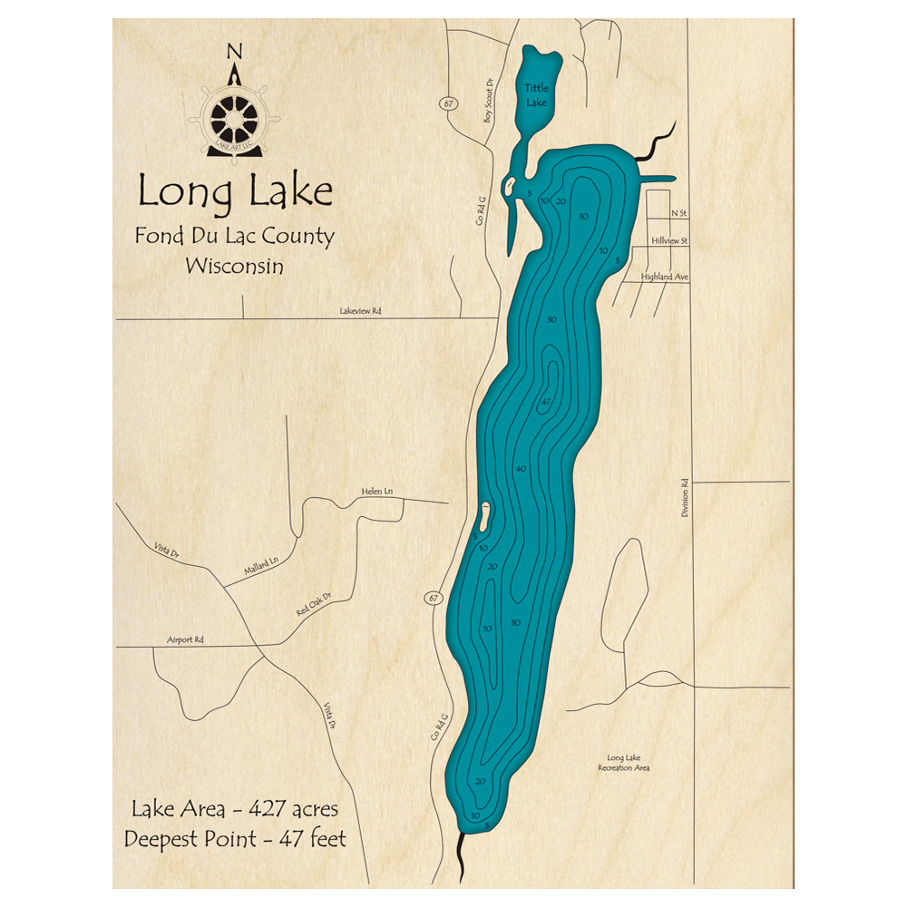 Bathymetric topo map of Long Lake, WI with roads, towns and depths noted in blue water.