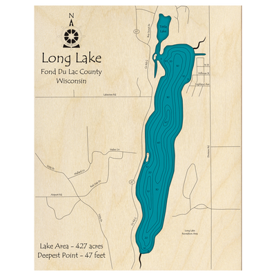 Bathymetric topo map of Long Lake, WI with roads, towns and depths noted in blue water.