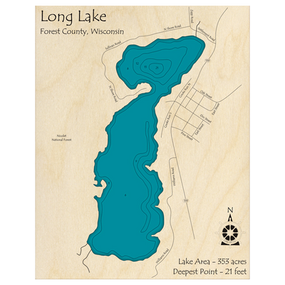 Bathymetric topo map of Long Lake, WI with roads, towns and depths noted in blue water.