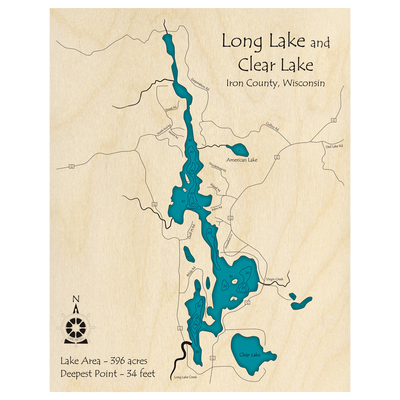 Bathymetric topo map of Long Lake and Clear Lake, WI with roads, towns and depths noted in blue water.