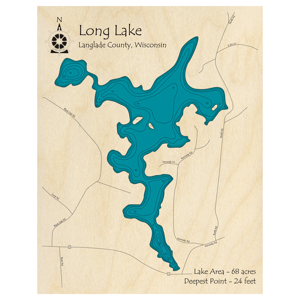 Bathymetric topo map of Long Lake, WI with roads, towns and depths noted in blue water.