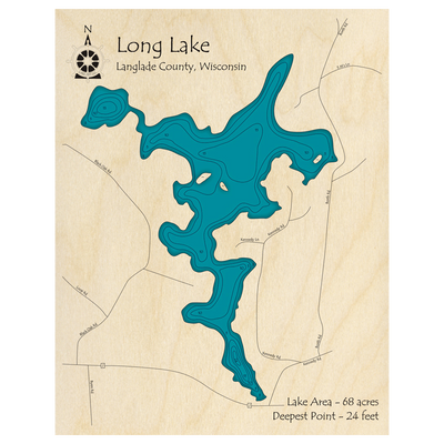 Bathymetric topo map of Long Lake, WI with roads, towns and depths noted in blue water.