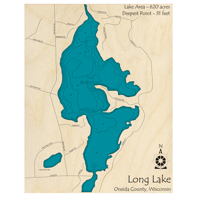 Bathymetric topo map of Long Lake, WI with roads, towns and depths noted in blue water.