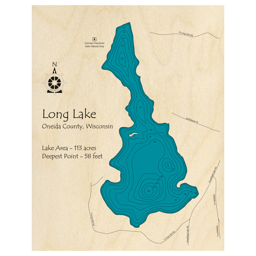 Bathymetric topo map of Long Lake, WI with roads, towns and depths noted in blue water.