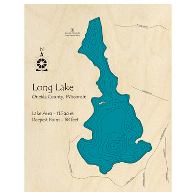 Bathymetric topo map of Long Lake, WI with roads, towns and depths noted in blue water.
