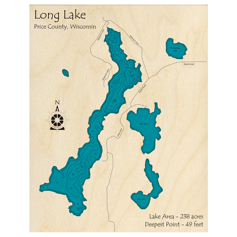 Bathymetric topo map of Long Lake, WI with roads, towns and depths noted in blue water.