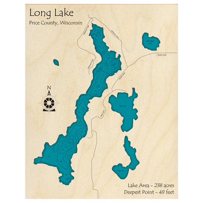 Bathymetric topo map of Long Lake, WI with roads, towns and depths noted in blue water.