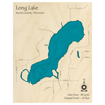 Bathymetric topo map of Long Lake, WI with roads, towns and depths noted in blue water.