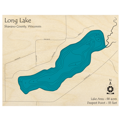 Bathymetric topo map of Long Lake, WI with roads, towns and depths noted in blue water.
