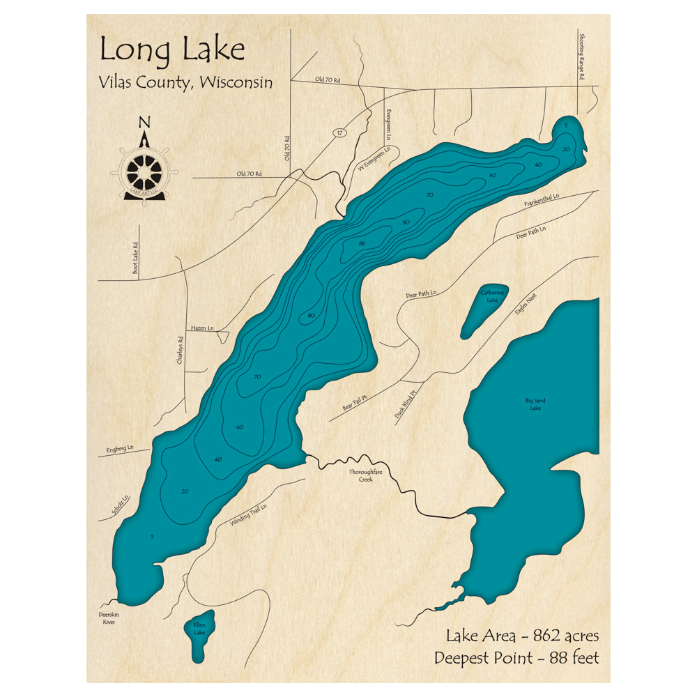Bathymetric topo map of Long Lake, WI with roads, towns and depths noted in blue water.