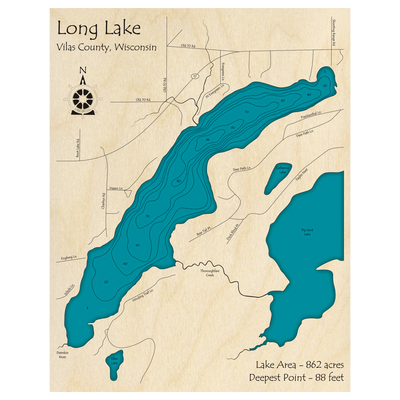 Bathymetric topo map of Long Lake, WI with roads, towns and depths noted in blue water.