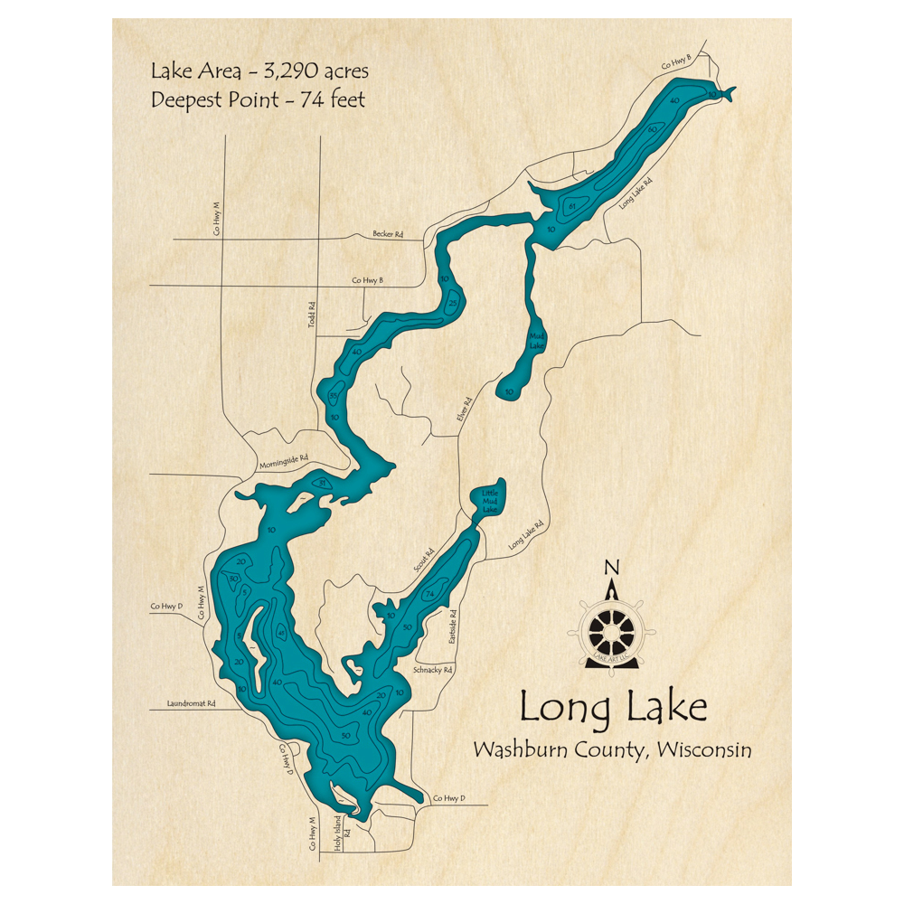 Bathymetric topo map of Long Lake, WI with roads, towns and depths noted in blue water.