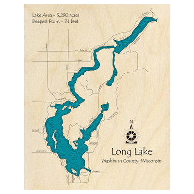 Bathymetric topo map of Long Lake, WI with roads, towns and depths noted in blue water.