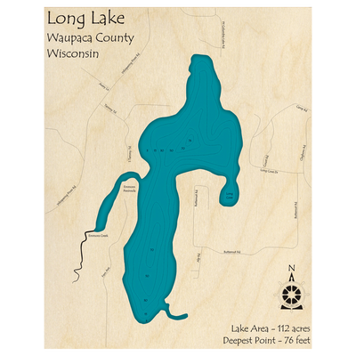 Bathymetric topo map of Long Lake, WI with roads, towns and depths noted in blue water.