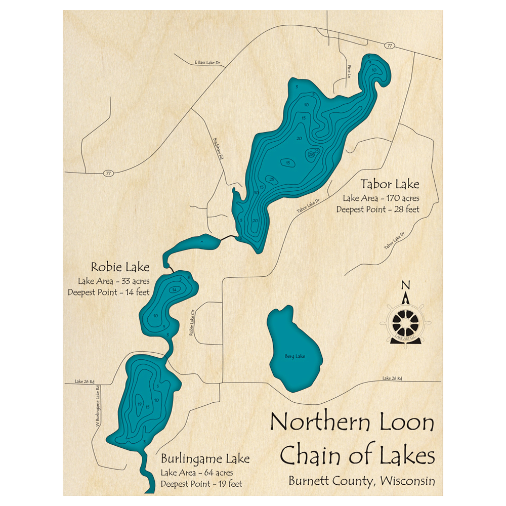 Bathymetric topo map of Loon Lake Chain of Lakes, WI with roads, towns and depths noted in blue water.