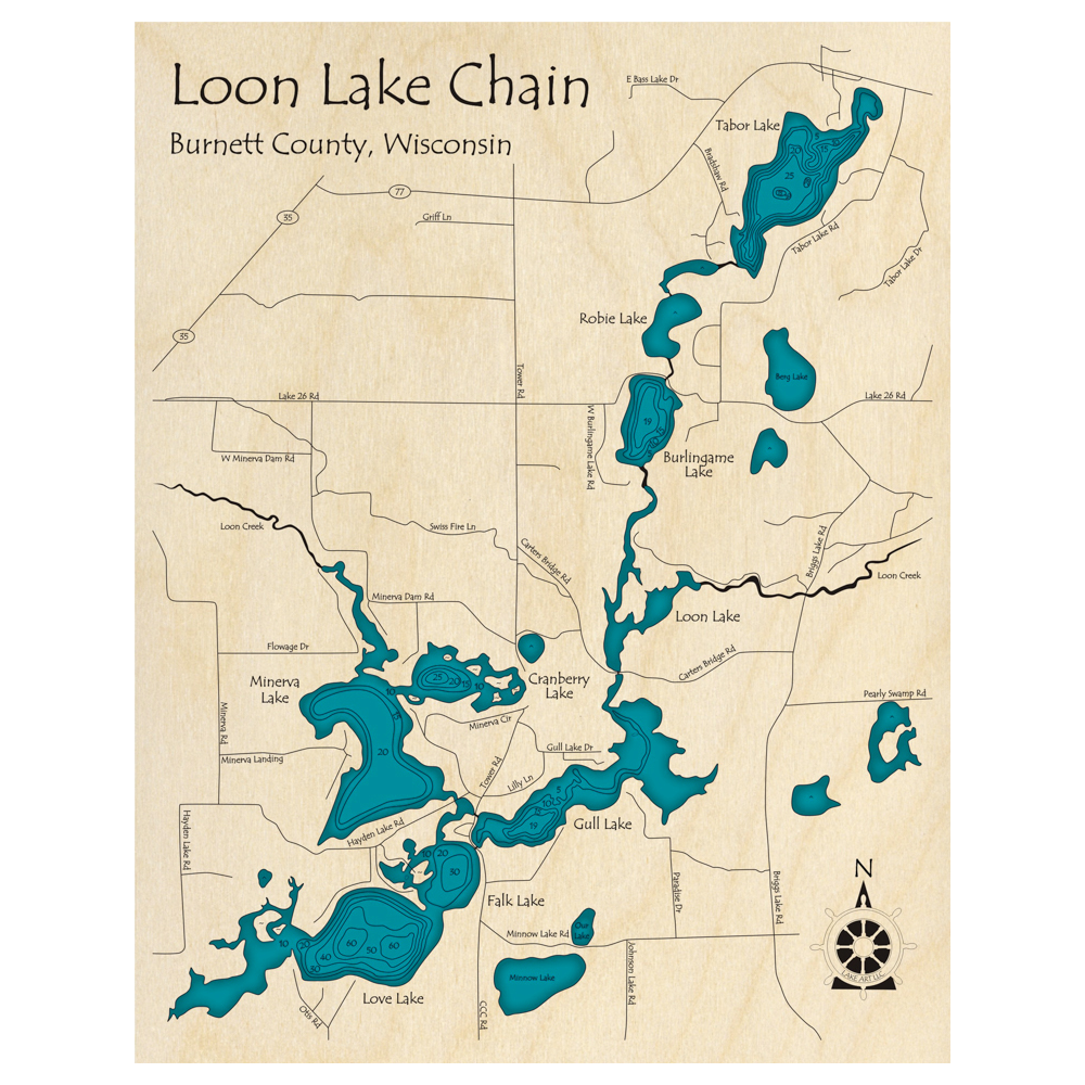 Bathymetric topo map of Loon Lake Chain of Lakes, WI with roads, towns and depths noted in blue water.