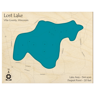 Bathymetric topo map of Lost Lake, WI with roads, towns and depths noted in blue water.