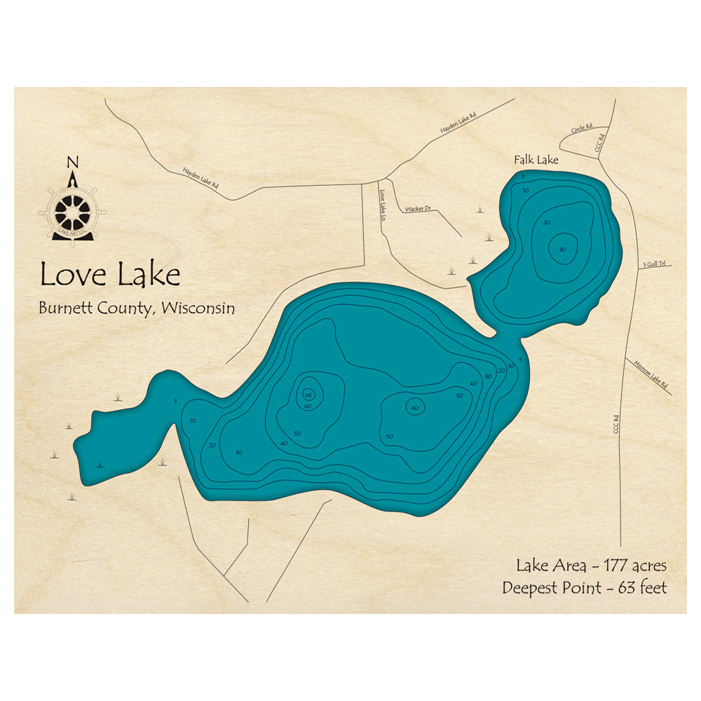Bathymetric topo map of Love Lake, WI with roads, towns and depths noted in blue water.