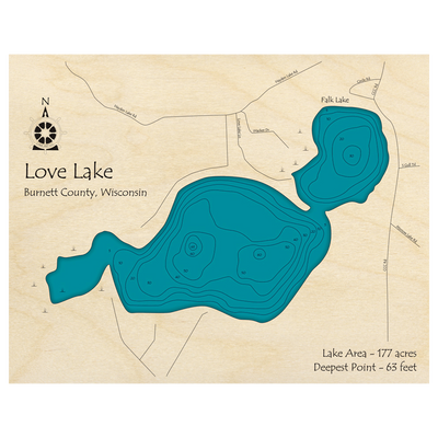 Bathymetric topo map of Love Lake, WI with roads, towns and depths noted in blue water.